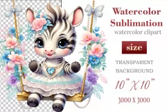Cute baby zebra clipart on flower-decorated swings in soft pastel hues. Perfect for children's books, educational materials, websites, and nursery decor. Watercolor and digital painting blend. Ideal for adding a magical touch to kids' content