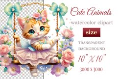 Cute kitten clipart on flower-decorated swings in soft pastel hues. Perfect for children&#039;s books, educational materials, websites, and nursery decor. Watercolor and digital painting blend. Ideal for adding a magical touch to kids&#039; content