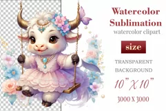 Cute little cow clipart on flower-decorated swings in soft pastel hues. Perfect for children's books, educational materials, websites, and nursery decor. Watercolor and digital painting blend. Ideal for adding a magical touch to kids' content