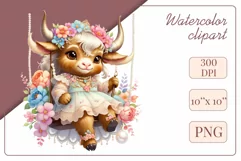 Cute little cow clipart on flower-decorated swings in soft pastel hues. Perfect for children's books, educational materials, websites, and nursery decor. Watercolor and digital painting blend. Ideal for adding a magical touch to kids' content