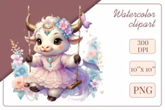 Cute little cow clipart on flower-decorated swings in soft pastel hues. Perfect for children's books, educational materials, websites, and nursery decor. Watercolor and digital painting blend. Ideal for adding a magical touch to kids' content