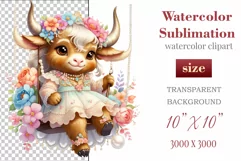 Cute little cow clipart on flower-decorated swings in soft pastel hues. Perfect for children's books, educational materials, websites, and nursery decor. Watercolor and digital painting blend. Ideal for adding a magical touch to kids' content