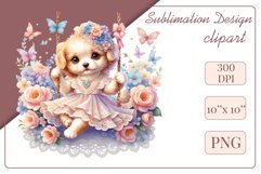 Cute puppy clipart on flower-decorated swings in soft pastel hues. Perfect for children&#039;s books, educational materials, websites, and nursery decor. Watercolor and digital painting blend. Ideal for adding a magical touch to kids&#039; content