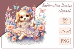 Cute puppy clipart on flower-decorated swings in soft pastel hues. Perfect for children's books, educational materials, websites, and nursery decor. Watercolor and digital painting blend. Ideal for adding a magical touch to kids' content