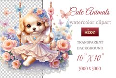 Cute puppy clipart on flower-decorated swings in soft pastel hues. Perfect for children&#039;s books, educational materials, websites, and nursery decor. Watercolor and digital painting blend. Ideal for adding a magical touch to kids&#039; content