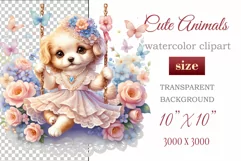 Cute puppy clipart on flower-decorated swings in soft pastel hues. Perfect for children's books, educational materials, websites, and nursery decor. Watercolor and digital painting blend. Ideal for adding a magical touch to kids' content