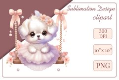 Cute puppy clipart on flower-decorated swings in soft pastel hues. Perfect for children&#039;s books, educational materials, websites, and nursery decor. Watercolor and digital painting blend. Ideal for adding a magical touch to kids&#039; content
