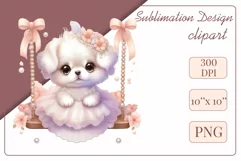 Cute puppy clipart on flower-decorated swings in soft pastel hues. Perfect for children's books, educational materials, websites, and nursery decor. Watercolor and digital painting blend. Ideal for adding a magical touch to kids' content