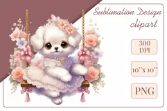 Cute puppy clipart on flower-decorated swings in soft pastel hues. Perfect for children's books, educational materials, websites, and nursery decor. Watercolor and digital painting blend. Ideal for adding a magical touch to kids' content