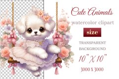 Cute puppy clipart on flower-decorated swings in soft pastel hues. Perfect for children&#039;s books, educational materials, websites, and nursery decor. Watercolor and digital painting blend. Ideal for adding a magical touch to kids&#039; content