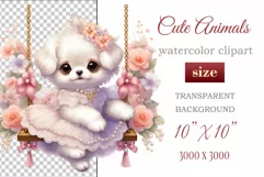 Cute puppy clipart on flower-decorated swings in soft pastel hues. Perfect for children's books, educational materials, websites, and nursery decor. Watercolor and digital painting blend. Ideal for adding a magical touch to kids' content