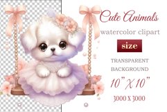 Cute puppy clipart on flower-decorated swings in soft pastel hues. Perfect for children&#039;s books, educational materials, websites, and nursery decor. Watercolor and digital painting blend. Ideal for adding a magical touch to kids&#039; content