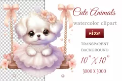 Cute puppy clipart on flower-decorated swings in soft pastel hues. Perfect for children's books, educational materials, websites, and nursery decor. Watercolor and digital painting blend. Ideal for adding a magical touch to kids' content