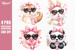 Cute Watercolor Animal Valentine Clipart PNG