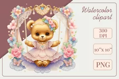 Cute baby bear clipart on flower-decorated swings in soft pastel hues. Perfect for children's books, educational materials, websites, and nursery decor. Watercolor and digital painting blend. Ideal for adding a magical touch to kids' content