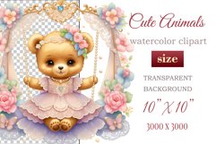 Cute baby bear clipart on flower-decorated swings in soft pastel hues. Perfect for children&#039;s books, educational materials, websites, and nursery decor. Watercolor and digital painting blend. Ideal for adding a magical touch to kids&#039; content