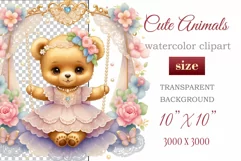 Cute baby bear clipart on flower-decorated swings in soft pastel hues. Perfect for children's books, educational materials, websites, and nursery decor. Watercolor and digital painting blend. Ideal for adding a magical touch to kids' content