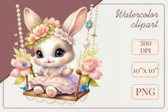 Cute baby bunny clipart on flower-decorated swings in soft pastel hues. Perfect for children's books, educational materials, websites, and nursery decor. Watercolor and digital painting blend. Ideal for adding a magical touch to kids' content