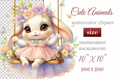 Cute baby bunny clipart on flower-decorated swings in soft pastel hues. Perfect for children's books, educational materials, websites, and nursery decor. Watercolor and digital painting blend. Ideal for adding a magical touch to kids' content