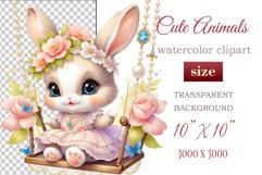 Cute baby bunny clipart on flower-decorated swings in soft pastel hues. Perfect for children&#039;s books, educational materials, websites, and nursery decor. Watercolor and digital painting blend. Ideal for adding a magical touch to kids&#039; content