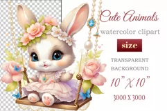 Cute baby bunny clipart on flower-decorated swings in soft pastel hues. Perfect for children's books, educational materials, websites, and nursery decor. Watercolor and digital painting blend. Ideal for adding a magical touch to kids' content