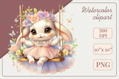 Cute baby bunny clipart on flower-decorated swings in soft pastel hues. Perfect for children's books, educational materials, websites, and nursery decor. Watercolor and digital painting blend. Ideal for adding a magical touch to kids' content