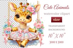 Cute baby giraffe clipart on flower-decorated swings in soft pastel hues. Perfect for children&#039;s books, educational materials, websites, and nursery decor. Watercolor and digital painting blend. Ideal for adding a magical touch to kids&#039; content
