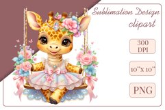Cute baby giraffe clipart on flower-decorated swings in soft pastel hues. Perfect for children&#039;s books, educational materials, websites, and nursery decor. Watercolor and digital painting blend. Ideal for adding a magical touch to kids&#039; content
