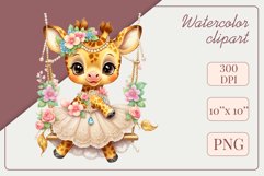 Cute baby giraffe clipart on flower-decorated swings in soft pastel hues. Perfect for children&#039;s books, educational materials, websites, and nursery decor. Watercolor and digital painting blend. Ideal for adding a magical touch to kids&#039; content