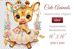Cute baby giraffe clipart on flower-decorated swings in soft pastel hues. Perfect for children&#039;s books, educational materials, websites, and nursery decor. Watercolor and digital painting blend. Ideal for adding a magical touch to kids&#039; content