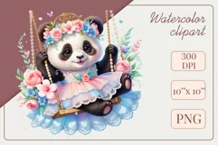 Cute baby panda clipart on flower-decorated swings in soft pastel hues. Perfect for children's books, educational materials, websites, and nursery decor. Watercolor and digital painting blend. Ideal for adding a magical touch to kids' content