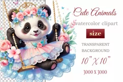 Cute baby panda clipart on flower-decorated swings in soft pastel hues. Perfect for children's books, educational materials, websites, and nursery decor. Watercolor and digital painting blend. Ideal for adding a magical touch to kids' content
