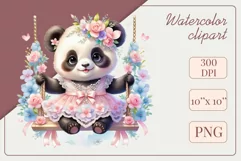 Cute baby panda clipart on flower-decorated swings in soft pastel hues. Perfect for children's books, educational materials, websites, and nursery decor. Watercolor and digital painting blend. Ideal for adding a magical touch to kids' content