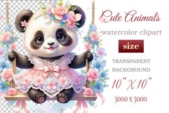 Cute baby panda clipart on flower-decorated swings in soft pastel hues. Perfect for children&#039;s books, educational materials, websites, and nursery decor. Watercolor and digital painting blend. Ideal for adding a magical touch to kids&#039; content