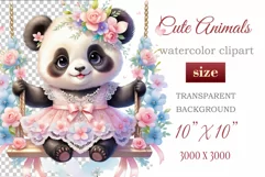 Cute baby panda clipart on flower-decorated swings in soft pastel hues. Perfect for children's books, educational materials, websites, and nursery decor. Watercolor and digital painting blend. Ideal for adding a magical touch to kids' content