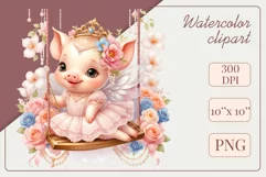 Cute baby piggy clipart on flower-decorated swings in soft pastel hues. Perfect for children's books, educational materials, websites, and nursery decor. Watercolor and digital painting blend. Ideal for adding a magical touch to kids' content