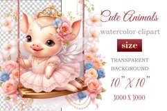 Cute baby piggy clipart on flower-decorated swings in soft pastel hues. Perfect for children&#039;s books, educational materials, websites, and nursery decor. Watercolor and digital painting blend. Ideal for adding a magical touch to kids&#039; content