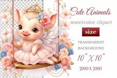 Cute baby piggy clipart on flower-decorated swings in soft pastel hues. Perfect for children's books, educational materials, websites, and nursery decor. Watercolor and digital painting blend. Ideal for adding a magical touch to kids' content