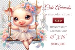 Cute baby piggy clipart on flower-decorated swings in soft pastel hues. Perfect for children&#039;s books, educational materials, websites, and nursery decor. Watercolor and digital painting blend. Ideal for adding a magical touch to kids&#039; content