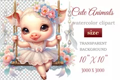 Cute baby piggy clipart on flower-decorated swings in soft pastel hues. Perfect for children's books, educational materials, websites, and nursery decor. Watercolor and digital painting blend. Ideal for adding a magical touch to kids' content