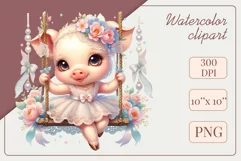 Cute baby piggy clipart on flower-decorated swings in soft pastel hues. Perfect for children's books, educational materials, websites, and nursery decor. Watercolor and digital painting blend. Ideal for adding a magical touch to kids' content