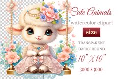 Cute baby sheep clipart on flower-decorated swings in soft pastel hues. Perfect for children&#039;s books, educational materials, websites, and nursery decor. Watercolor and digital painting blend. Ideal for adding a magical touch to kids&#039; content