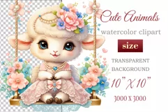 Cute baby sheep clipart on flower-decorated swings in soft pastel hues. Perfect for children's books, educational materials, websites, and nursery decor. Watercolor and digital painting blend. Ideal for adding a magical touch to kids' content