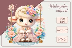 Cute baby sheep clipart on flower-decorated swings in soft pastel hues. Perfect for children&#039;s books, educational materials, websites, and nursery decor. Watercolor and digital painting blend. Ideal for adding a magical touch to kids&#039; content