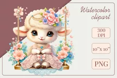 Cute baby sheep clipart on flower-decorated swings in soft pastel hues. Perfect for children's books, educational materials, websites, and nursery decor. Watercolor and digital painting blend. Ideal for adding a magical touch to kids' content