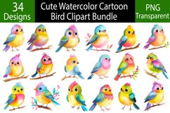 Watercolor Cartoon Bird Clipart Bundle PNG Product Image 1