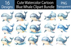 Watercolor Cartoon Blue Whale Clipart Bundle Product Image 1