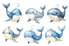Watercolor Cartoon Blue Whale Clipart Bundle Product Image 2