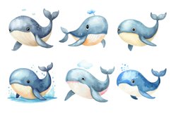 Watercolor Cartoon Blue Whale Clipart Bundle Product Image 3