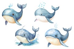 Watercolor Cartoon Blue Whale Clipart Bundle Product Image 4